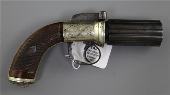 A cased percussion pepperbox six barrelled revolver, 7.75in.